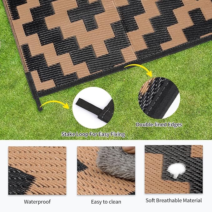 Outdoor Patio Plastic Straw Rug - 9'x12' Outdoor Camping Rug Waterproof Reversible, Area Carpet Patios Clearance RV, Outside Porch Balcony Deck for Camper, Black & Brown