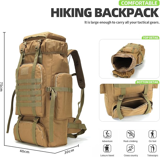 70L Camping Hiking Military Tactical Backpack Outdoor Water-Repellent Adjustable Sport Bags