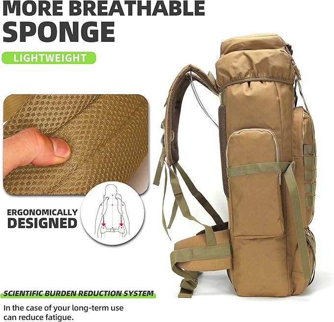 70L Camping Hiking Military Tactical Backpack Outdoor Water-Repellent Adjustable Sport Bags