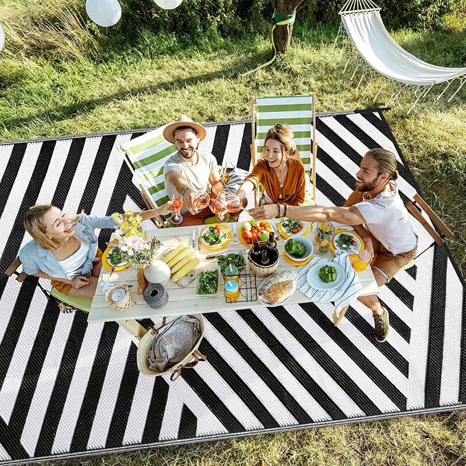 Outdoor Patio Plastic Straw Rug - 9'x18' Outdoor Camping Rug Waterproof Reversible, Area Carpet Patios Clearance RV, Outside Porch Balcony Deck for Camper, White & Black