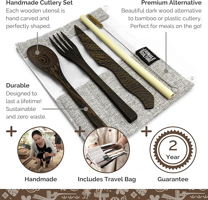 Jungle Culture® Premium Wooden Travel Utensils • Knife, Fork, Spoon, Straw, Case • Eco Friendly Alternative to Bamboo Cutlery • Coconut Bowls Zero Waste Reusable Flatware • Portable Camping Picnic Set
