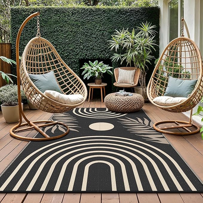 GENIMO Outdoor Rug 6' x 9' Waterproof for Patio Clearance, Reversible Lightweight Plastic Straw Camping Carpet, Large Area Rugs Mats for Rv, Backyard, Deck, Porch, Picnic, Balcony, Mix-Black & Beige