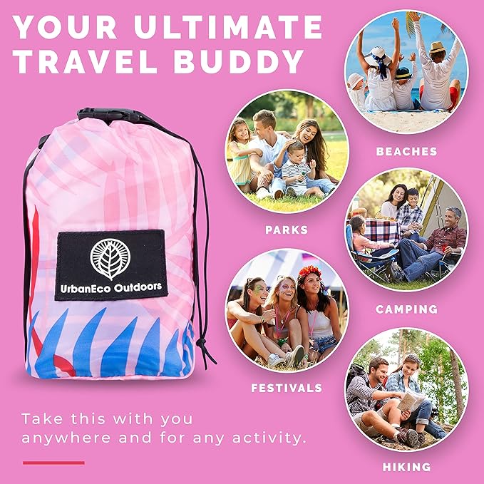 Lightweight Beach Blanket - Oversized 107" x 77" - Waterproof Sandproof - Double Anchored for Fun Leisure Beach Blanket - with Stake and Pouch - Durable Sand Beach Mat