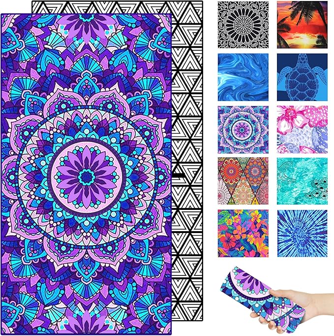 Microfiber Beach Towel – Quick Dry Lightweight Sand Free Oversized Large Towel Accessories Travel Must Swim Pool Yoga Camping Summer Cruise Ship Essentials Cloud Compact Sandproof Gift Purple Mandala