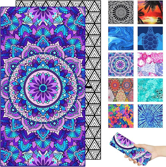 Microfiber Beach Towel – Quick Dry Lightweight Sand Free Oversized Large Towel Accessories Travel Must Swim Pool Yoga Camping Summer Cruise Ship Essentials Cloud Compact Sandproof Gift Purple Mandala