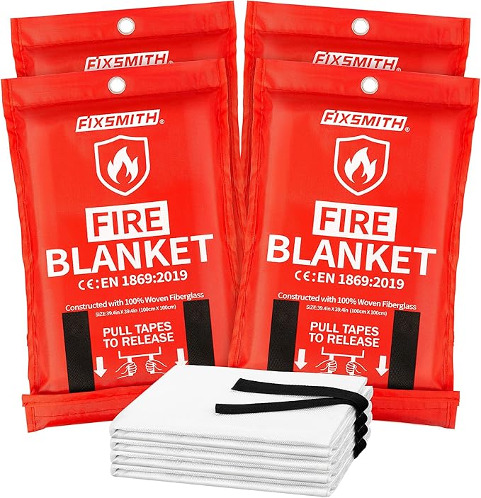 FIXSMITH Fire Blanket for Home and Kitchen, Emergency Fire Blanket-4 Pack, Flame Suppression Fiberglass Fire Blankets for House Camping Car Office Warehouse Emergency Survival Safety - 40 in x 40 in