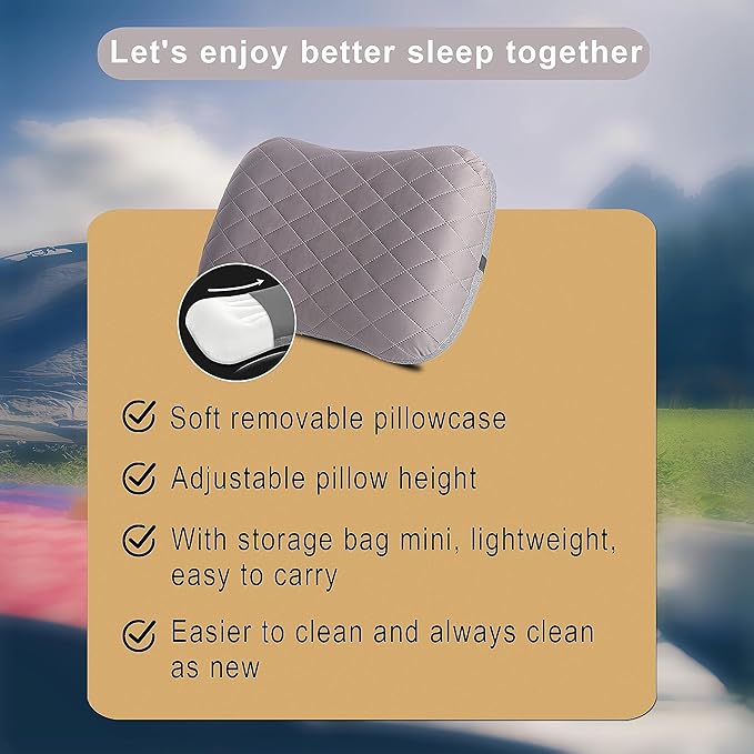 Portable Inflatable Neck Pillow for Outdoor Travel, Camping, Office Naps-Polyester + Washable Cotton-Color Available-Simple and Comfortable (Gray)