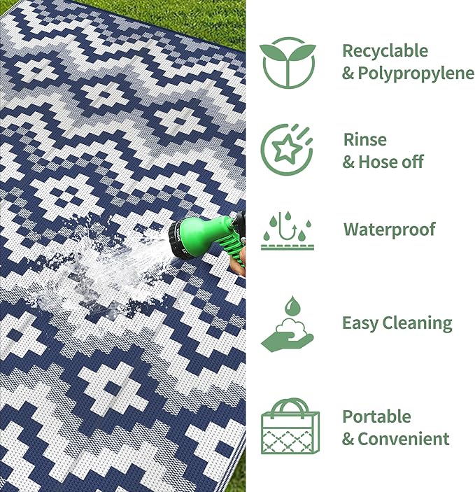 GENIMO Outdoor Rug Waterproof 6x9 ft, Lightweight Plastic Straw Rugs, Outside Reversible Area Mat Carpet for Patio, Camping, RV, Deck, Balcony, Porch, Backyard, Blue & White