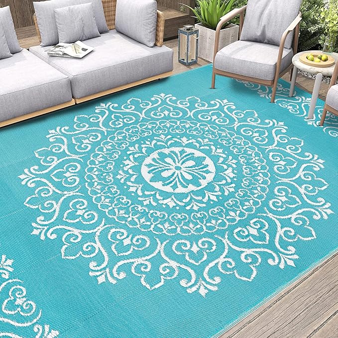 Pauwer Waterproof Outdoor Rug 9x12, Reversible Plastic Straw Patio Camping Rug, Indoor Outdoor RV Mat Carpet for Deck, Camper, Porch, Balcony, Backyard, Picnic, Floral Teal