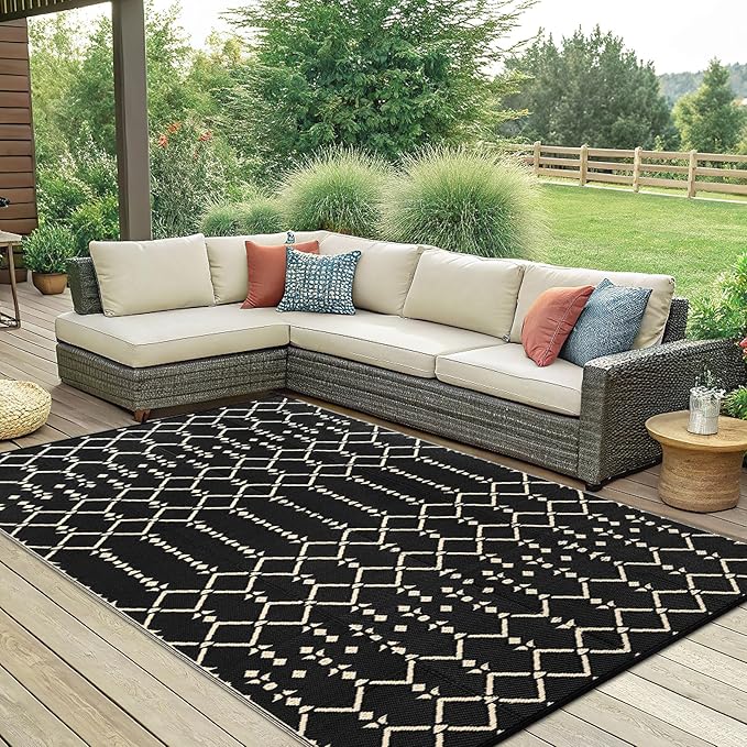 Smiry Outdoor Rug 6x9 ft, Waterproof Reversible Plastic Straw Rugs, Boho Outdoor Area Rug, Outside Floor Mat for Patio, Backyard, Deck, Picnic, Beach, Camping, Beige