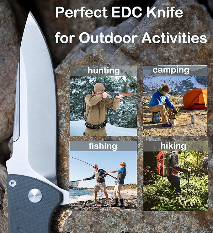 FD02 Folding Pocket Knife, 8Cr13MoV Stainless Steel Blade G10 Handle EDC Pocket Knife for Men and Women, Camping Hunting Hiking Fishing Knives Tools (White)