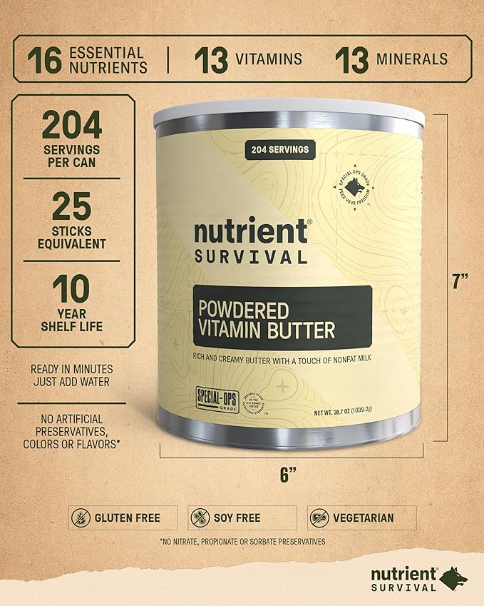 Nutrient Survival Vitamin Butter Powder, Freeze Dried Prepper Supplies & Emergency Food Supply, 16 Essential Nutrients, Soy & Gluten Free, Shelf Stable Up to 10 Years, One Can, 204 Servings