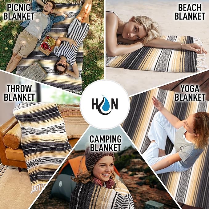 Authentic Large Handwoven Mexican Blanket - Soft Yoga Blanket - Durable Serape Blanket - Lightweight Falsa Blanket, Beach Blanket, Camping Blanket, Picnic Blanket, Outdoor Blanket 70"x50" - Sand