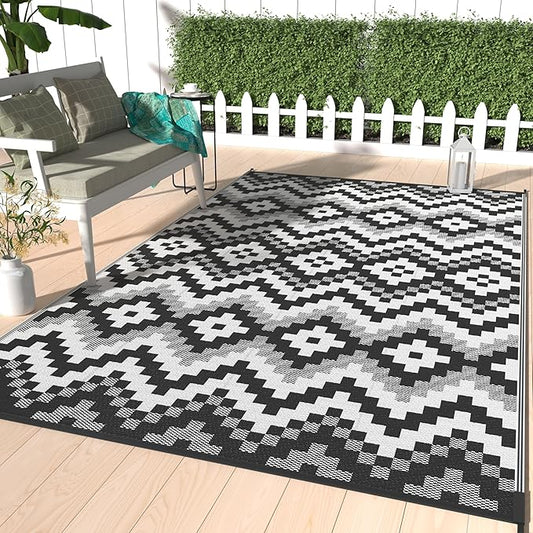 GENIMO Outdoor Rug Waterproof 9x12 ft, Lightweight Plastic Straw Rugs, Outside Reversible Large Mat Carpet for Patio, Camping, RV, Deck, Balcony, Porch, Backyard, Black & White