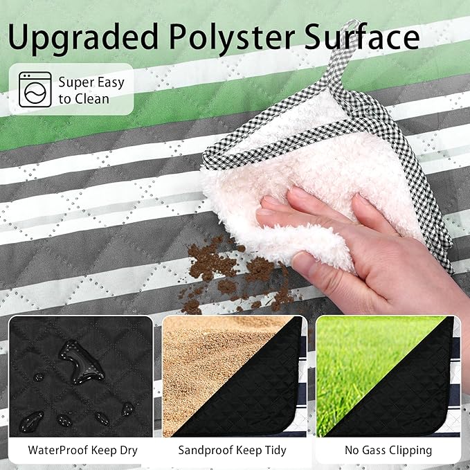 HX&OD Extra Large Picnic Blanket Outdoor 80”x80” Waterproof Picnic Mat Foldable 3-Layer Camping Blanket Portable with Carry Strap Park Blanket for Grass(Green)