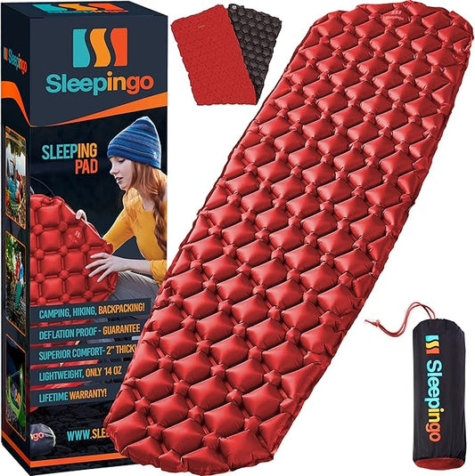 Sleeping Pad for Camping - Ultralight Sleeping Mat for Camping, Backpacking, Hiking - Lightweight, Inflatable Air Mattress - Compact Camping Mats for Sleeping-red with Black back-1pk