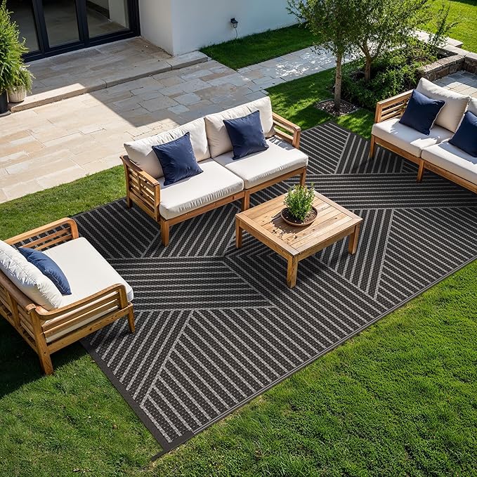 GENIMO Outdoor Rug 8'x10' for Patio Waterproof Clearance, Reversible Outdoor Plastic Straw Rug, Lightweight Carpet Camping Mat for Rv, Camper, Picnic, Balcony, Backyard, Deck, Porch, Black & Gray