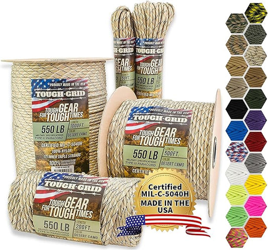 TOUGH-GRID Premium Desert Camo Paracord 550 lbs Made in USA Outdoor Survival Nylon Rope Tactical Heavy Duty Strands Parachute Cord Used by US Military Type III Mil-Spec