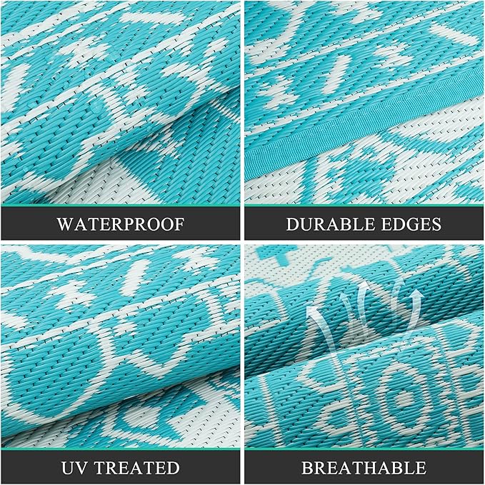 Pauwer Waterproof Outdoor Rug 9x12, Reversible Plastic Straw Patio Camping Rug, Indoor Outdoor RV Mat Carpet for Deck, Camper, Porch, Balcony, Backyard, Picnic, Medallion Teal