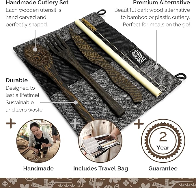 Jungle Culture® Premium Wooden Travel Utensils • Knife, Fork, Spoon, Straw, Case • Eco Friendly Alternative to Bamboo Cutlery • Coconut Bowls Zero Waste Reusable Flatware • Portable Camping Picnic Set