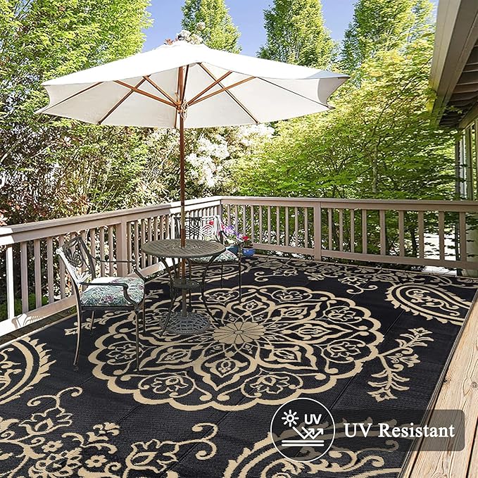 Pauwer Waterproof Outdoor Rug 6x9, Reversible Plastic Straw Patio Camping Rug, Indoor Outdoor RV Mat Carpet for Deck, Camper, Porch, Balcony, Backyard, Picnic, Boho Black Brown