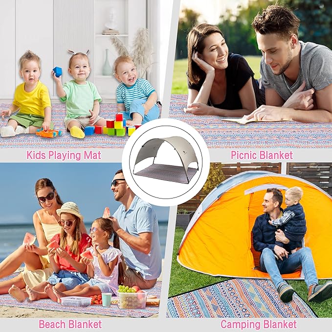 PY SUPER MODE Picnic Blankets Extra Large with Pergola, Orange Boho Waterproof Foldable Outdoor Beach Blanket Oversized 83x79” Sandproof, 3-Layer Picnic Mat for Camping, Hiking, Travel, Park