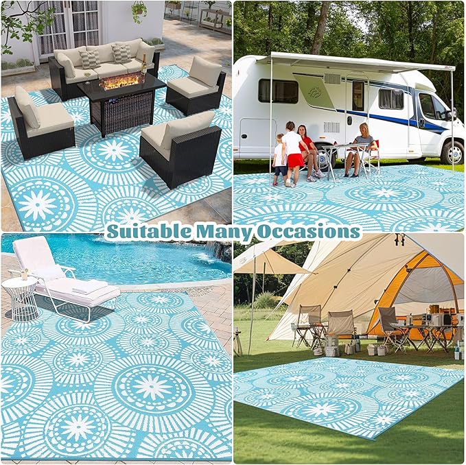 Ileading Large Plastic Outdoor Rug 9x12ft Modern Geometric Style Reversible Patio Area Rugs Waterproof Non Shedding Portable Carpets for Rv Outside Deck Pool Beach Picnic Camping (Teal)