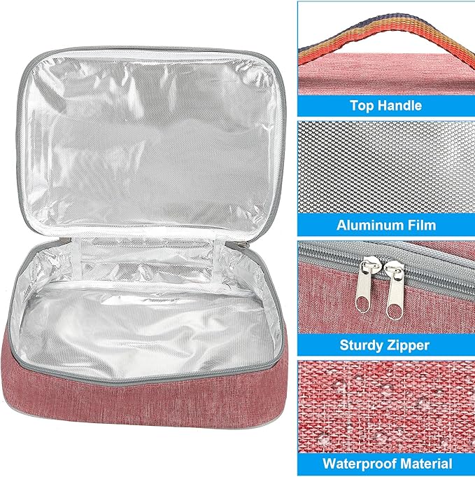 PATIKIL 11"x8"x3" Insulated Lunch Bags, Portable Food Containers Bag Flat Bento Bags Reusable Thermal Lunch Pail for Men and Women, Pink