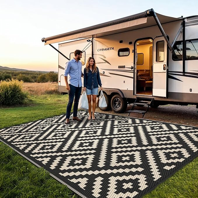 Outdoor Rug for Patio - Waterproof Plastic Straw Camping Rugs 4x6 ft, Reversible Outdoor Indoor RV Mat Carpet for Patio, Porch, Deck, Balcony, Picnic, Beach, Black Beige