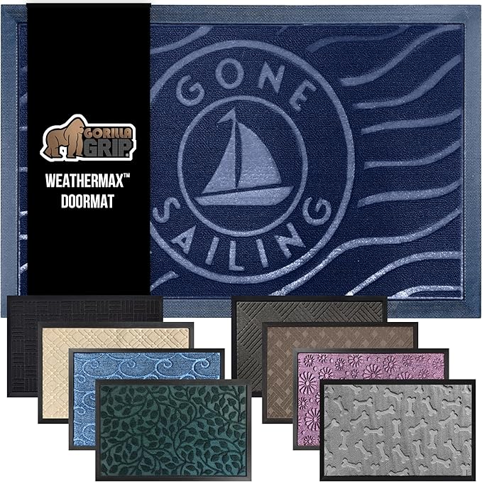GORILLA GRIP 100% Waterproof All-Season WeatherMax Doormat, 23x35, Durable Natural Rubber, Stain and Fade Resistant, Low Profile, Indoor Outdoor Door Mats, Easy Clean Patio Entrance Mat, Blue Sailing
