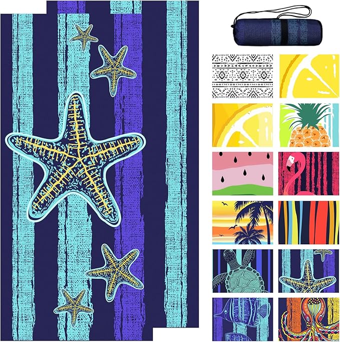 Bnuitland Starfish Pattern Beach Towel (35X75 inches), Oversized Quick Drying Absorbent Sand Free, Cute Towels for Travel Swimming Pool Picnic, 88% Polyester and 12% Polyamide, Blue
