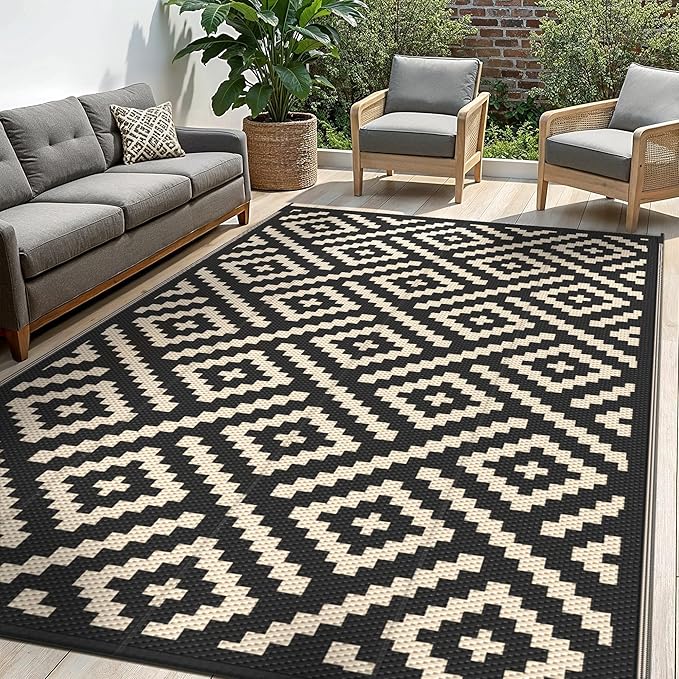Outdoor Rug for Patio - Waterproof Plastic Straw Camping Rugs 8x10 ft, Reversible Outdoor Indoor RV Mat Carpet for Patio, Porch, Deck, Balcony, Picnic, Beach, Black Beige