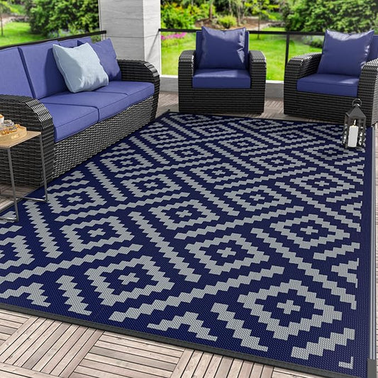 GENIMO Outdoor Rug for Patio Clearance, 8'x10' Waterproof Camping Mat, Reversible Plastic Straw Rugs for RV, Camper, Balcony, Backyard, Picnic, Deck (Blue & Grey)