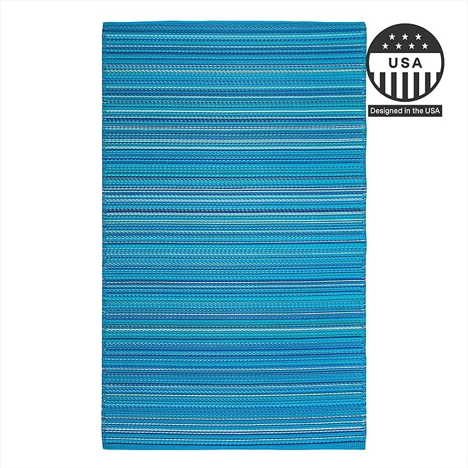 FH Home Outdoor Camping Rug - Waterproof, Fade Resistant, Reversible - Premium Recycled Plastic - Striped - Picnic, Patio, Deck, Sunroom, RV - Havana - Turquoise - 4 x 6 ft Foldable