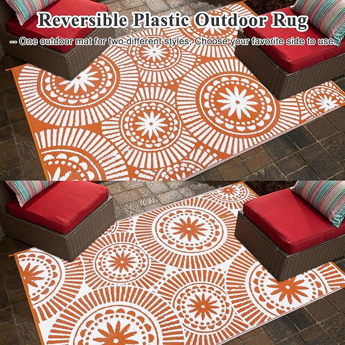 Ileading Outdoor Plastic Straw Rug 5x8ft Modern Geometric Style Reversible Patio Area Rugs Waterproof Non Shedding Portable Carpets for Rv Outside Deck Pool Beach Picnic Camping (Orange)
