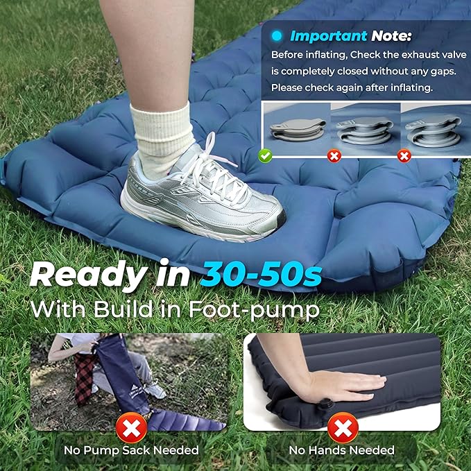 Sleeping Pad for Camping, Ultralight Inflatable Camping Mattress with Adjustable Pillow, Compact Sleeping Mat with Built-in Foot Pump, 4in Thick Comfort Air Mattress for Camping, Hiking-Blue