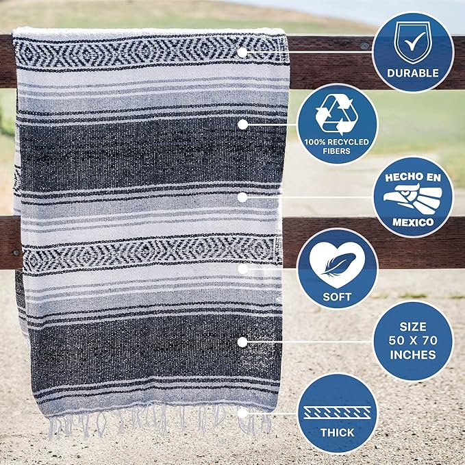 Benevolence LA Authentic Handwoven Mexican Blanket, Yoga Blanket - Perfect Outdoor Picnic Blanket, Beach Blanket, Camping Blanket, Equestrian Saddle Blanket, Serape Blanket 50x70 inches - 1 Blanket