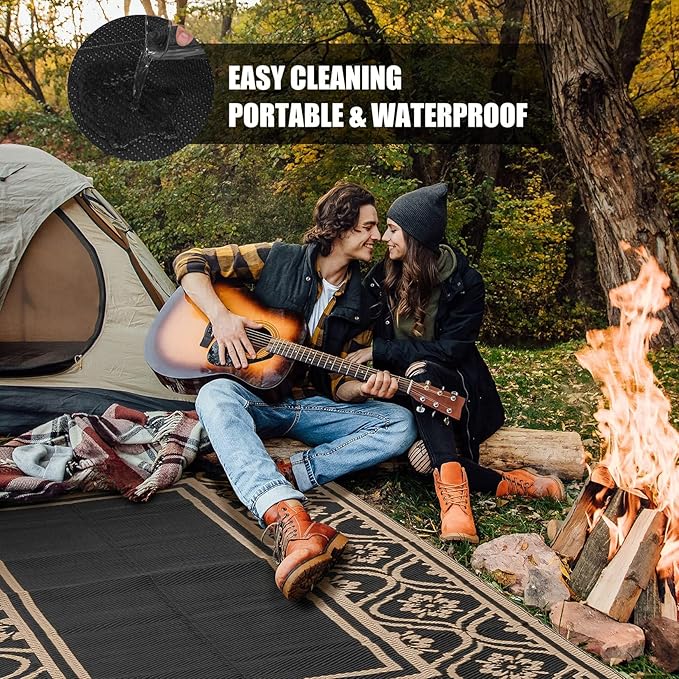 Outdoor Rug 9x12 Patio Waterproof Mat Camping Carpet Outside Area Rug Reversible Brown Rugs for RV Deck Entryance Porch Picnic Balcony Beach