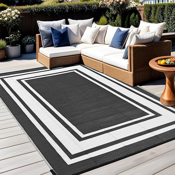 RURALITY Outdoor Rugs 6x9 Waterproof for Patios Clearance,Plastic Straw Mats for Backyard,Porch,Deck,Balcony,Reversible,Black and White
