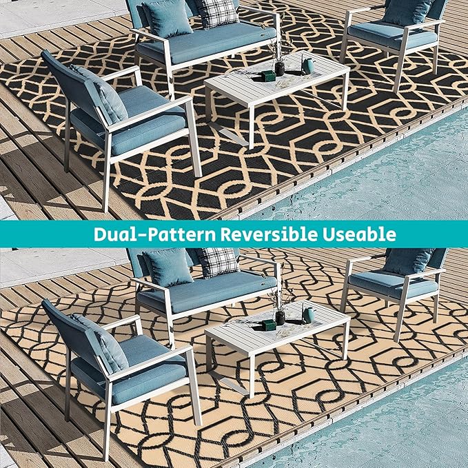 HEBE Outdoor Rug 9'x12' for Patios Waterproof Clearance Reversible Patio Mat Plastic Straw Rug RV Camping Mat Outside Area Rug Carpet for Camping RV,Porch,Deck,Balcony,Camper,Backyard