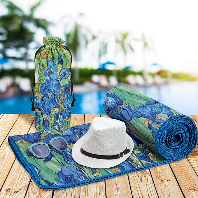 Large Oversized Microfiber Beach Towel - 40x63 Inches, Sand-Free, Quick-Drying, Ultra-Soft, Ideal for Travel, Pool, Yoga, and Camping - Includes Matching Drawstring Travel Pouch, van Gogh Irises