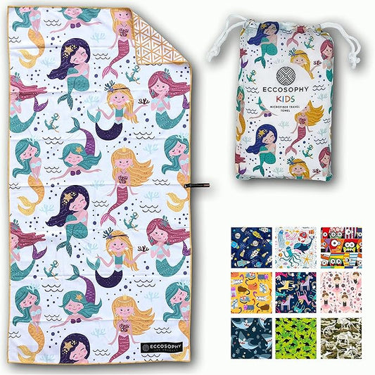 ECCOSOPHY Microfiber Kids Beach Towels & Pouch 60"x30" for Girls & Boys - Quick Dry Pool Towels - Sand Free Beach Blanket for Travel - Camping - Vacation - Toallas Playas