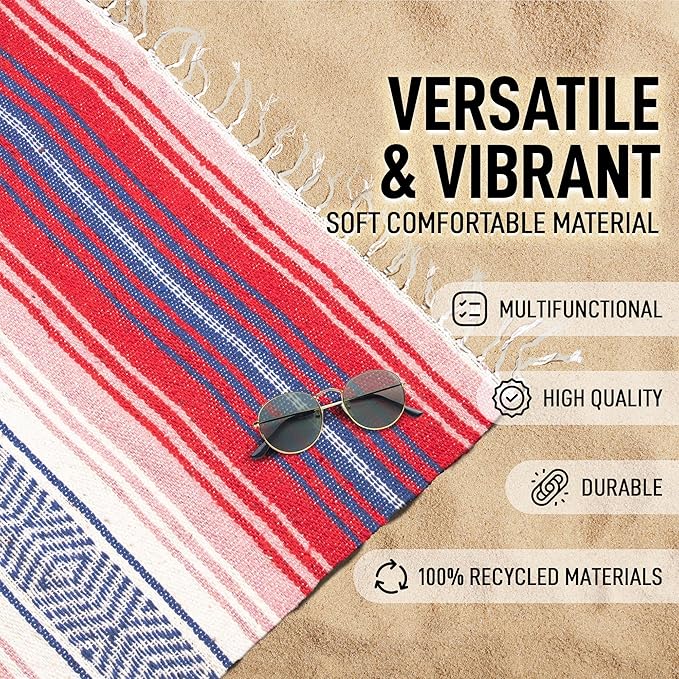 Authentic Large Handwoven Mexican Blanket - Soft Yoga Blanket - Durable Serape Blanket - Lightweight Falsa Blanket, Beach Blanket, Camping Blanket, Picnic Blanket, Outdoor Blanket 70"x50" - Coral