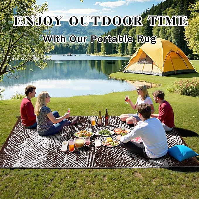 Outdoor Patio Rugs 4x6, Waterproof Reversible Outdoor Plastic Straw Rug Brown, RV Camping Mats UV-Resistant Outside Carpet Portable Area Mat for Garden Balcony Deck Picnic Beach Porch