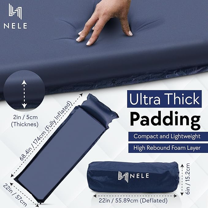 NELE Polyester Self Inflating Sleeping Pad Camping - Portable Camping Mattress, Easy to Inflate Sleeping Mat for Hiking, Traveling & Backpacking (2''/Dark Blue)