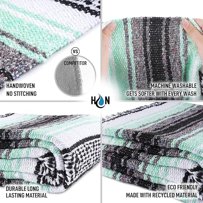 Authentic Extra Large Mexican Blanket (70"x50") - Handwoven Yoga Blanket, Serape Blanket - Artisanal Falsa Blanket, Beach Blanket, Camping Blanket, Picnic Blanket, Outdoor Blanket (Aqua Green)