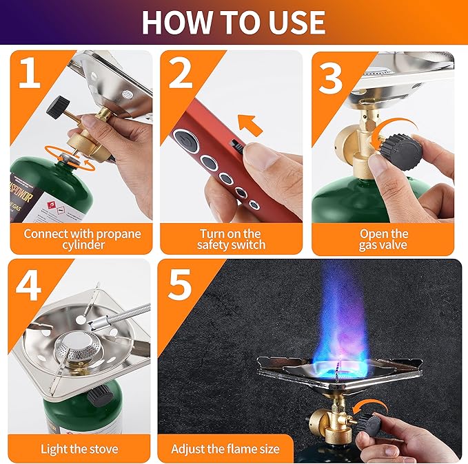 Camping Propane Stove, Single Burner Propane Stove, Portable Bottletop Backpacking Stove,10000BTU Camp Gas Stove kit for Outdoor Cooking, include a USB Windproof Ligther (Fuel not included)
