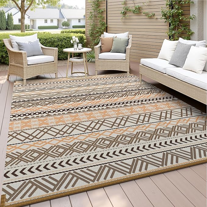 MontVoo Outdoor Rug Carpet 8x10 Waterproof-Patio Rug Mat Reversible RV Camping Rug Picnic Mat Plastic Straw Outside Rug for Balcony Porch Deck Beach-Boho Outdoor Area Rug for Patio Decor Colorful