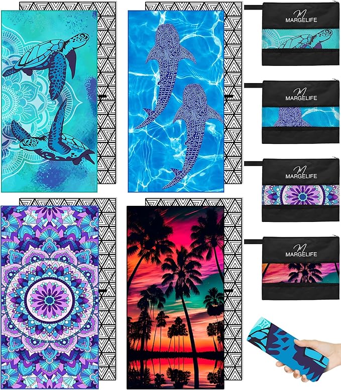 Microfiber Beach Towel – Quick Dry Lightweight Sand Free Oversized Large Towel Accessories Swim Pool Yoga Camping Summer Cruise Ship Essentials Compact Sandproof Gift (Shark Mandala Sunset,71" 32")