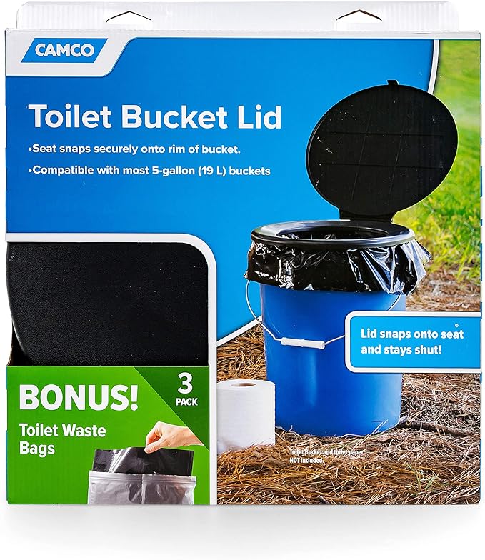 Camco Double Bag Portable Toilet Waste Bags (41548) Bucket Toilet Seat (41546) | Black